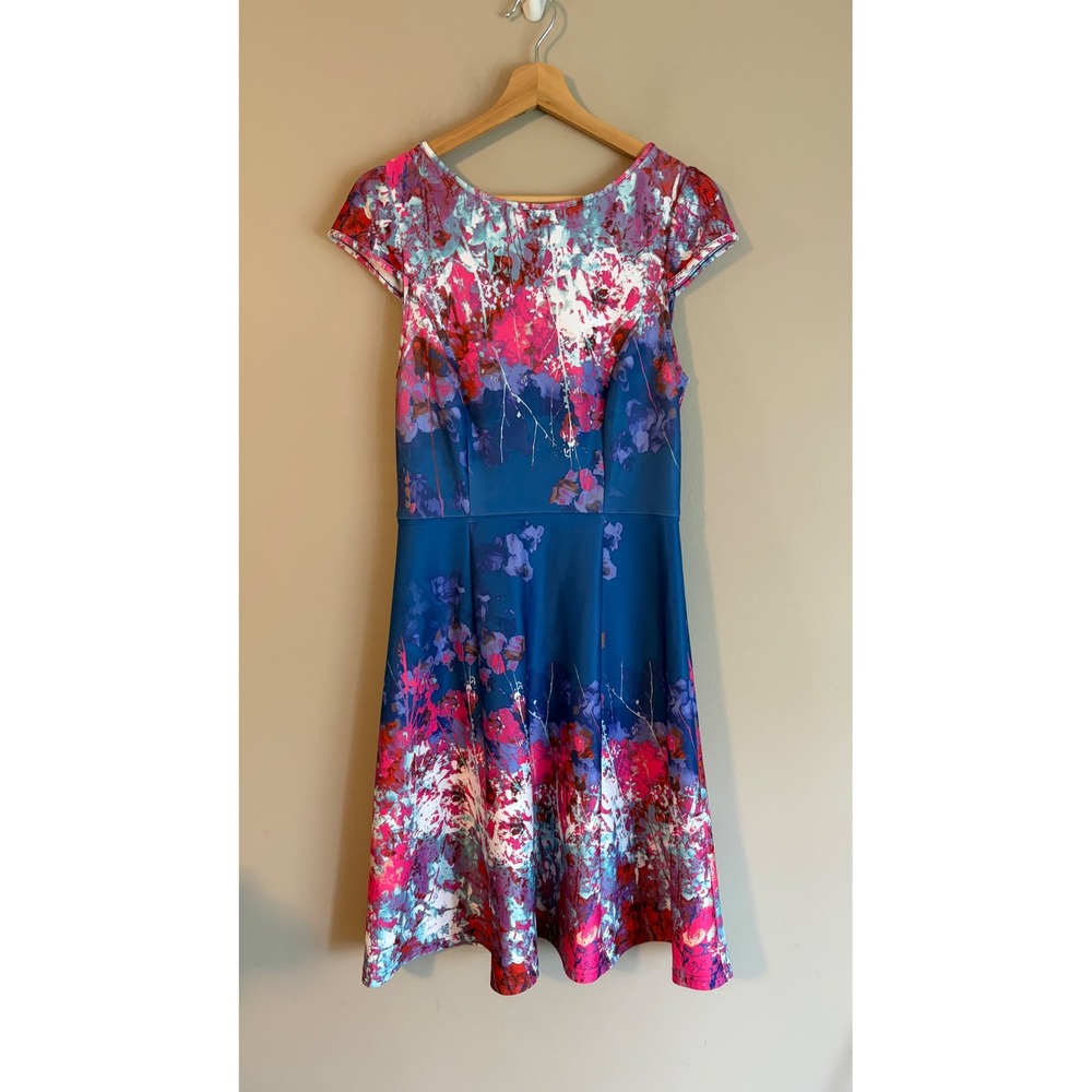 Adrianna Papell Fit & Flare Dress Women 8 Blue Pink Floral Excellent Cap Sleeve